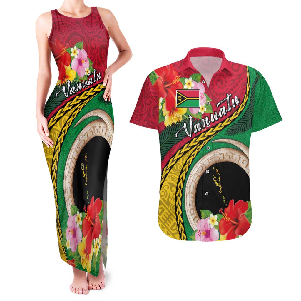Vanuatu Tribal Boar Tusk Couples Matching Tank Maxi Dress and Hawaiian Shirt Tropical Plants with Namele and Melanesian Pattern