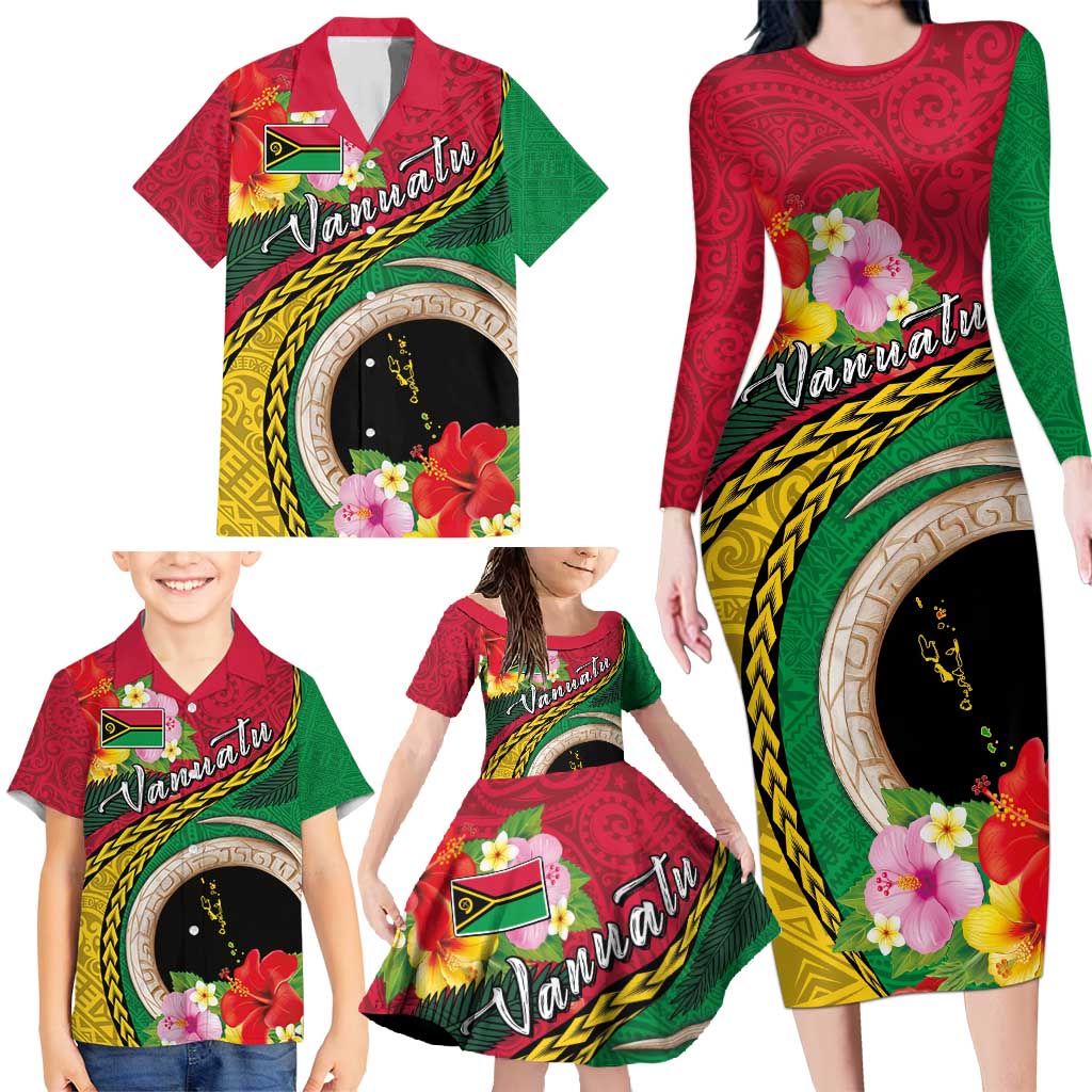 Vanuatu Tribal Boar Tusk Family Matching Long Sleeve Bodycon Dress and Hawaiian Shirt Tropical Plants with Namele and Melanesian Pattern