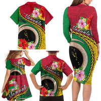 Vanuatu Tribal Boar Tusk Family Matching Long Sleeve Bodycon Dress and Hawaiian Shirt Tropical Plants with Namele and Melanesian Pattern