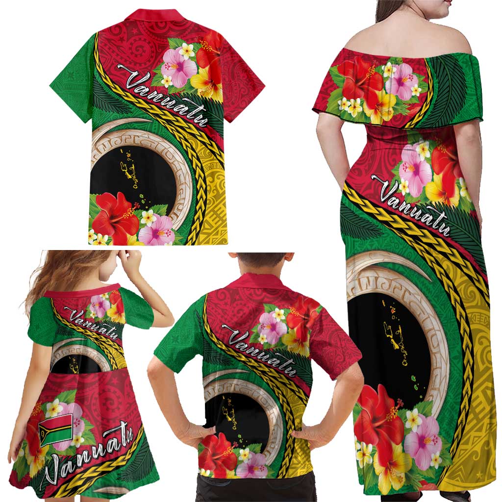 Vanuatu Tribal Boar Tusk Family Matching Off Shoulder Maxi Dress and Hawaiian Shirt Tropical Plants with Namele and Melanesian Pattern