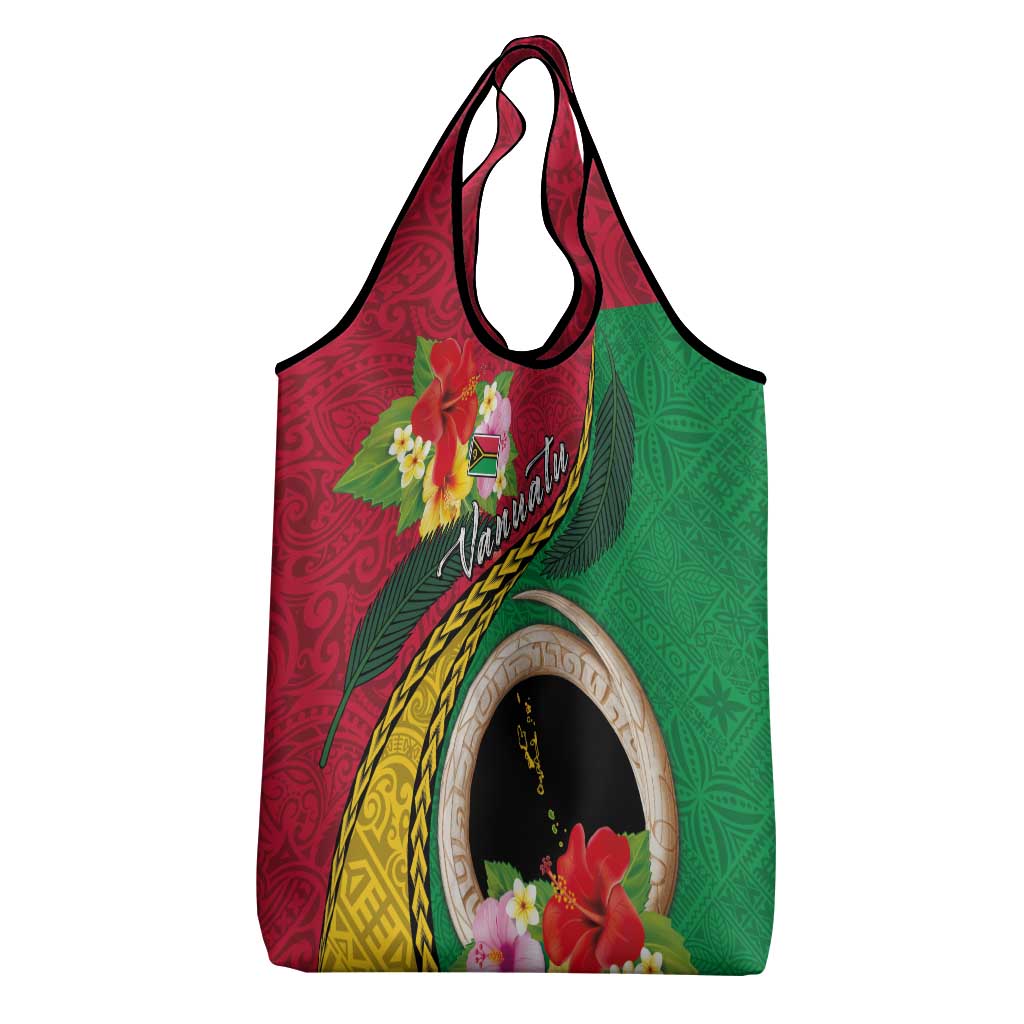 Vanuatu Tribal Boar Tusk Grocery Bag Tropical Plants with Namele and Melanesian Pattern