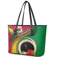 Vanuatu Tribal Boar Tusk Leather Tote Bag Tropical Plants with Namele and Melanesian Pattern