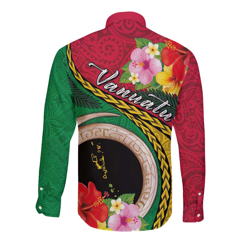 Vanuatu Tribal Boar Tusk Long Sleeve Button Shirt Tropical Plants with Namele and Melanesian Pattern