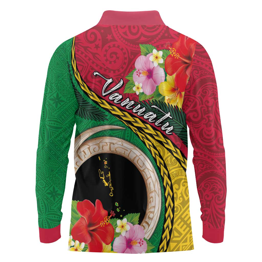 Vanuatu Tribal Boar Tusk Long Sleeve Polo Shirt Tropical Plants with Namele and Melanesian Pattern