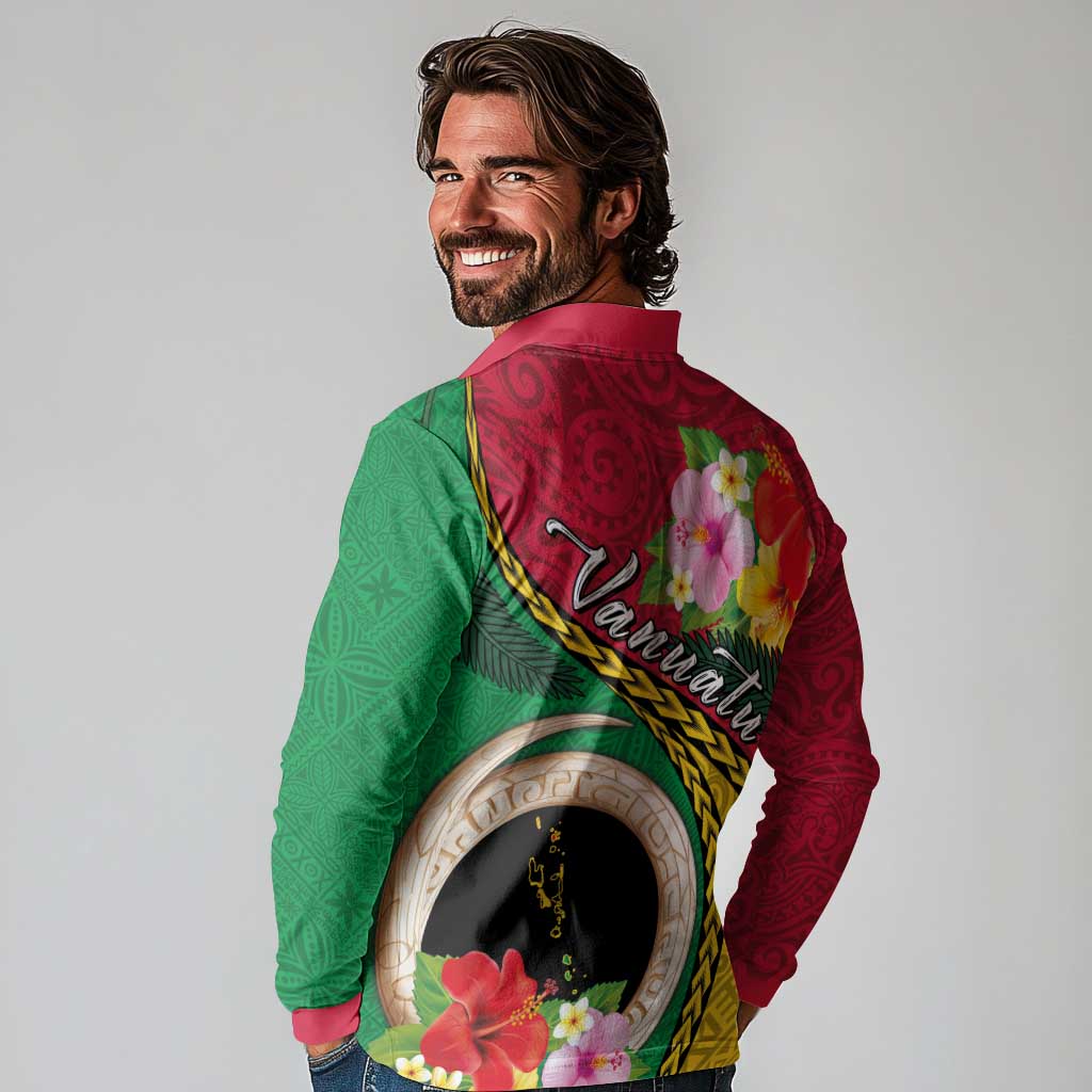 Vanuatu Tribal Boar Tusk Long Sleeve Polo Shirt Tropical Plants with Namele and Melanesian Pattern