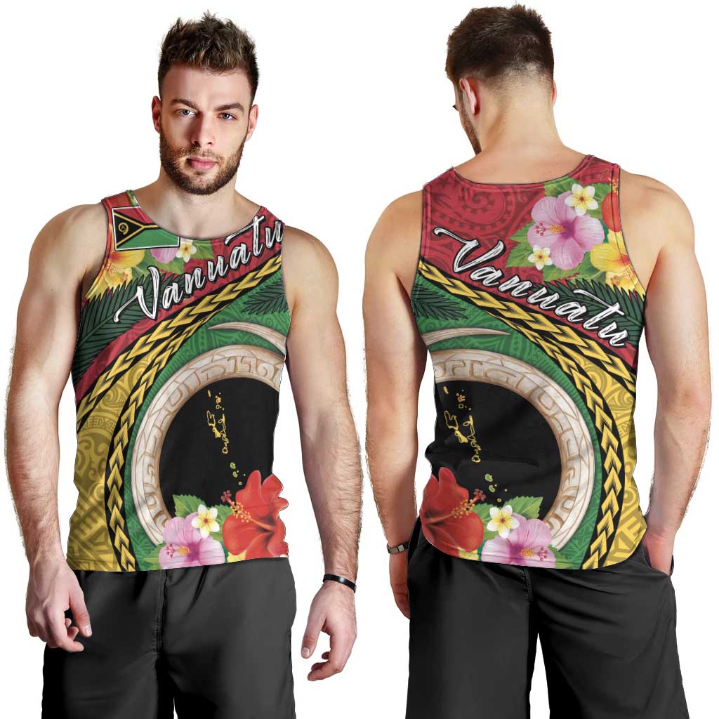 Vanuatu Tribal Boar Tusk Men Tank Top Tropical Plants with Namele and Melanesian Pattern