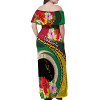 Vanuatu Tribal Boar Tusk Off Shoulder Maxi Dress Tropical Plants with Namele and Melanesian Pattern
