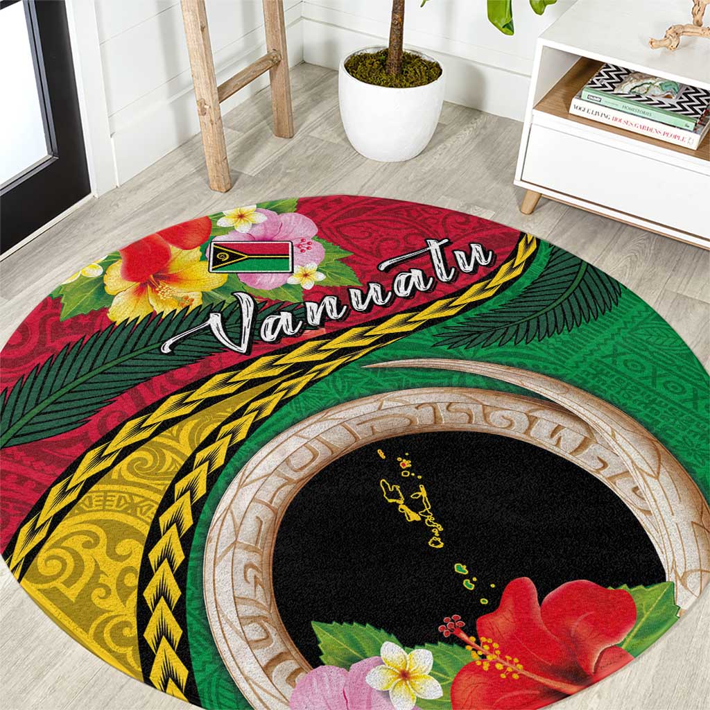 Vanuatu Tribal Boar Tusk Round Carpet Tropical Plants with Namele and Melanesian Pattern