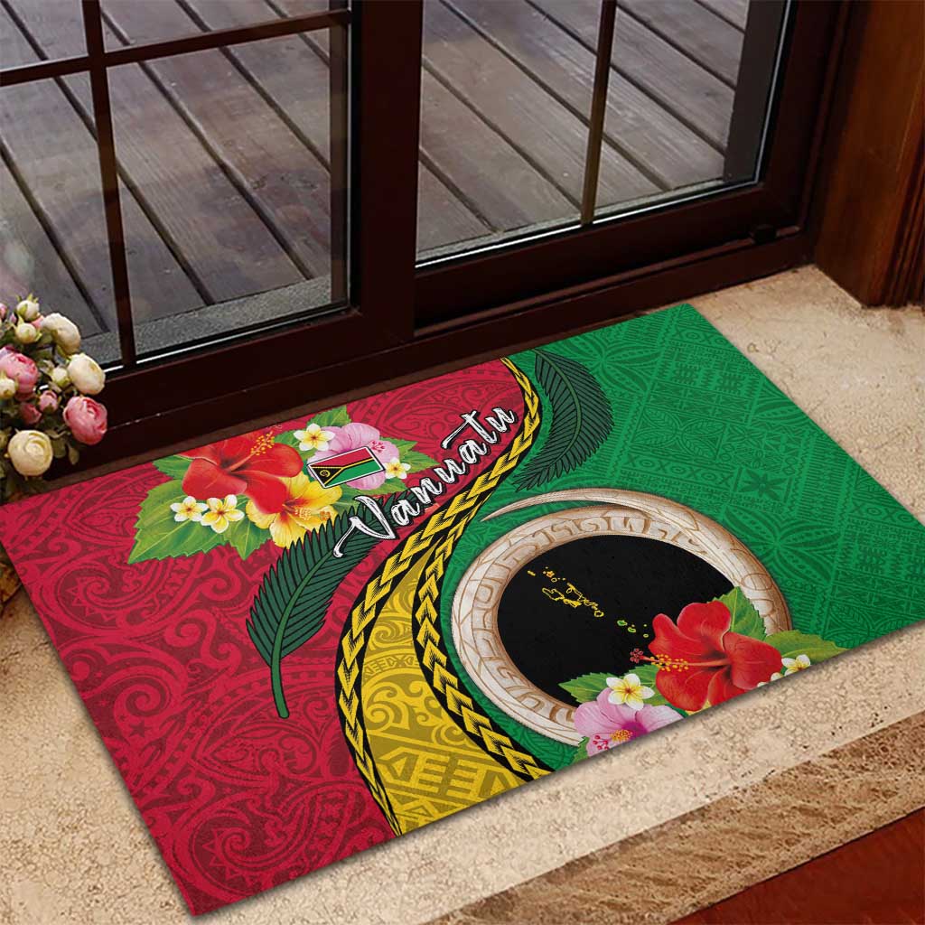 Vanuatu Tribal Boar Tusk Rubber Doormat Tropical Plants with Namele and Melanesian Pattern