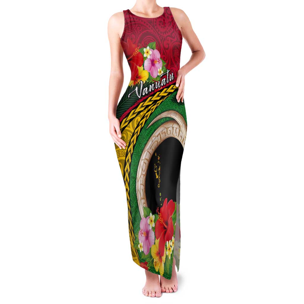 Vanuatu Tribal Boar Tusk Tank Maxi Dress Tropical Plants with Namele and Melanesian Pattern