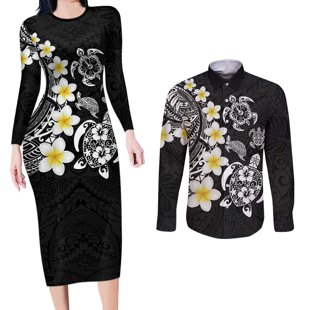 Hawaiian Plumeria Turtles Couples Matching Long Sleeve Bodycon Dress and Long Sleeve Button Shirt Polynesian Art Tattoo