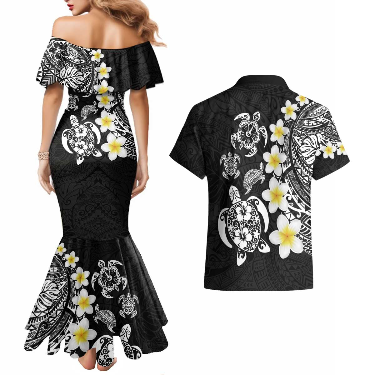 Hawaiian Plumeria Turtles Couples Matching Mermaid Dress and Hawaiian Shirt Polynesian Art Tattoo
