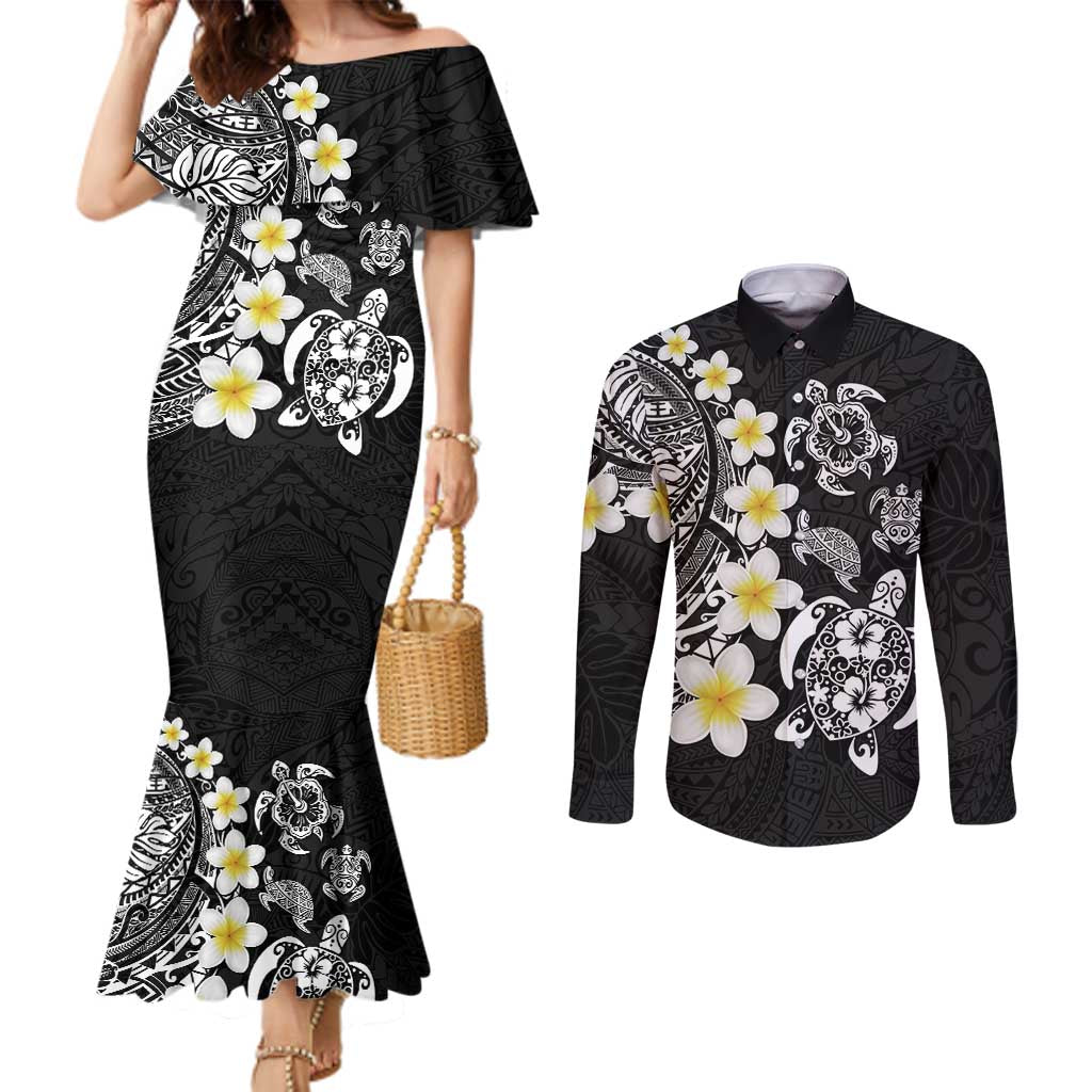 Hawaiian Plumeria Turtles Couples Matching Mermaid Dress and Long Sleeve Button Shirt Polynesian Art Tattoo