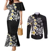 Hawaiian Plumeria Turtles Couples Matching Mermaid Dress and Long Sleeve Button Shirt Polynesian Art Tattoo