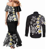 Hawaiian Plumeria Turtles Couples Matching Mermaid Dress and Long Sleeve Button Shirt Polynesian Art Tattoo