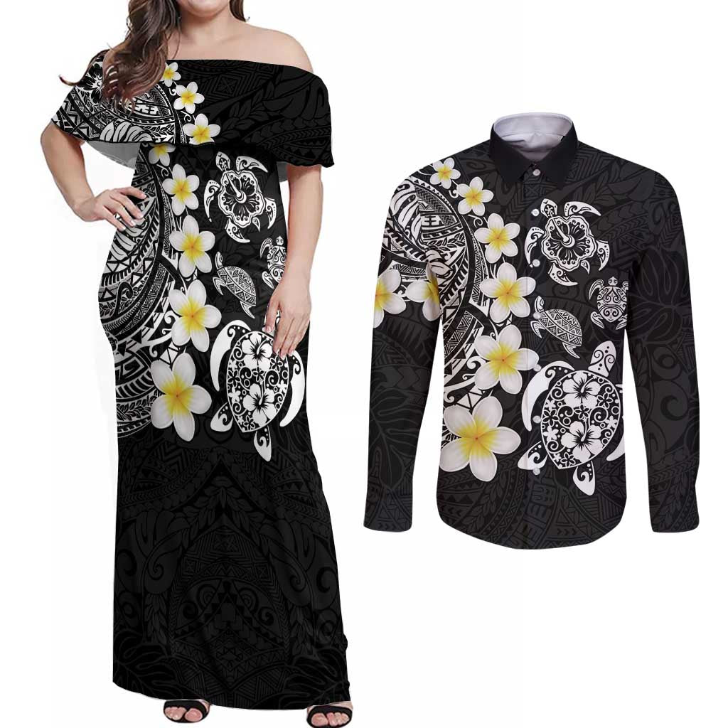 Hawaiian Plumeria Turtles Couples Matching Off Shoulder Maxi Dress and Long Sleeve Button Shirt Polynesian Art Tattoo