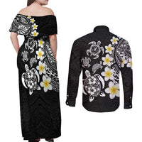 Hawaiian Plumeria Turtles Couples Matching Off Shoulder Maxi Dress and Long Sleeve Button Shirt Polynesian Art Tattoo