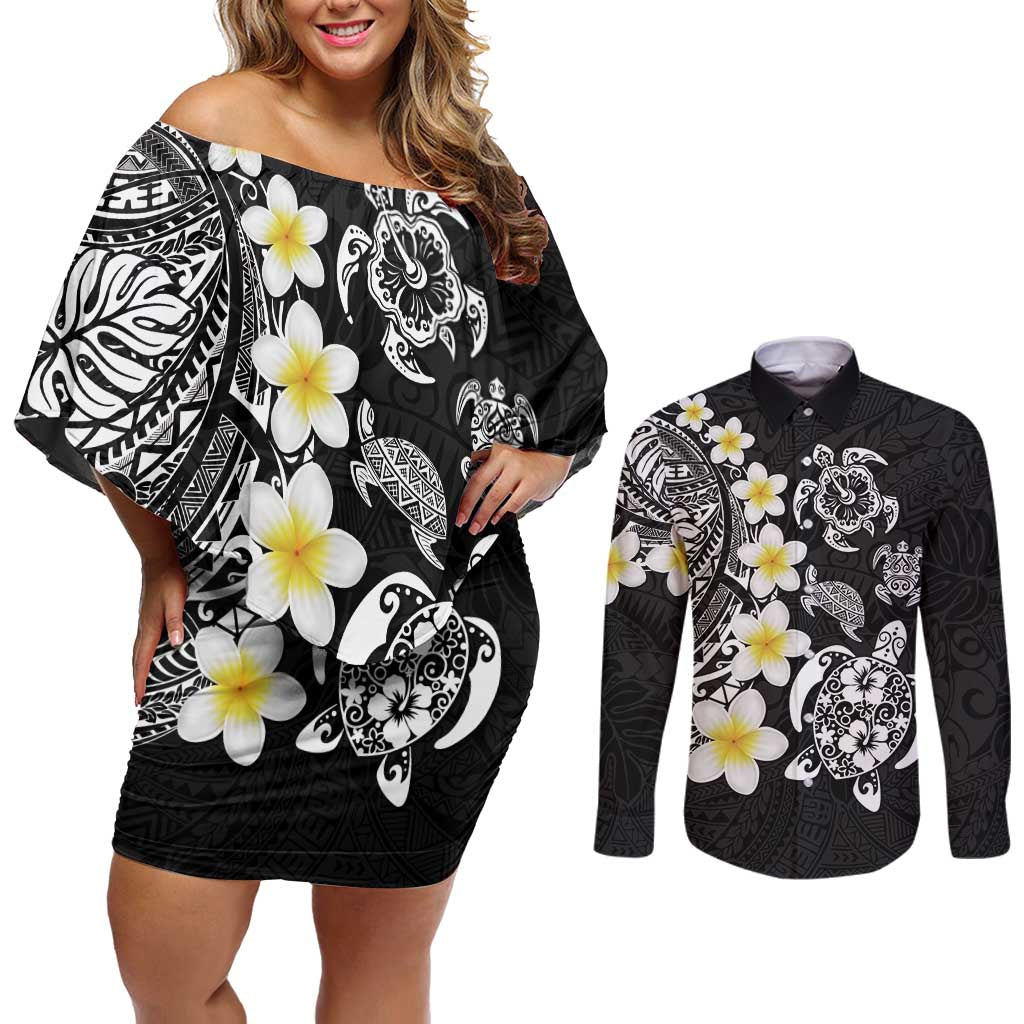 Hawaiian Plumeria Turtles Couples Matching Off Shoulder Short Dress and Long Sleeve Button Shirt Polynesian Art Tattoo