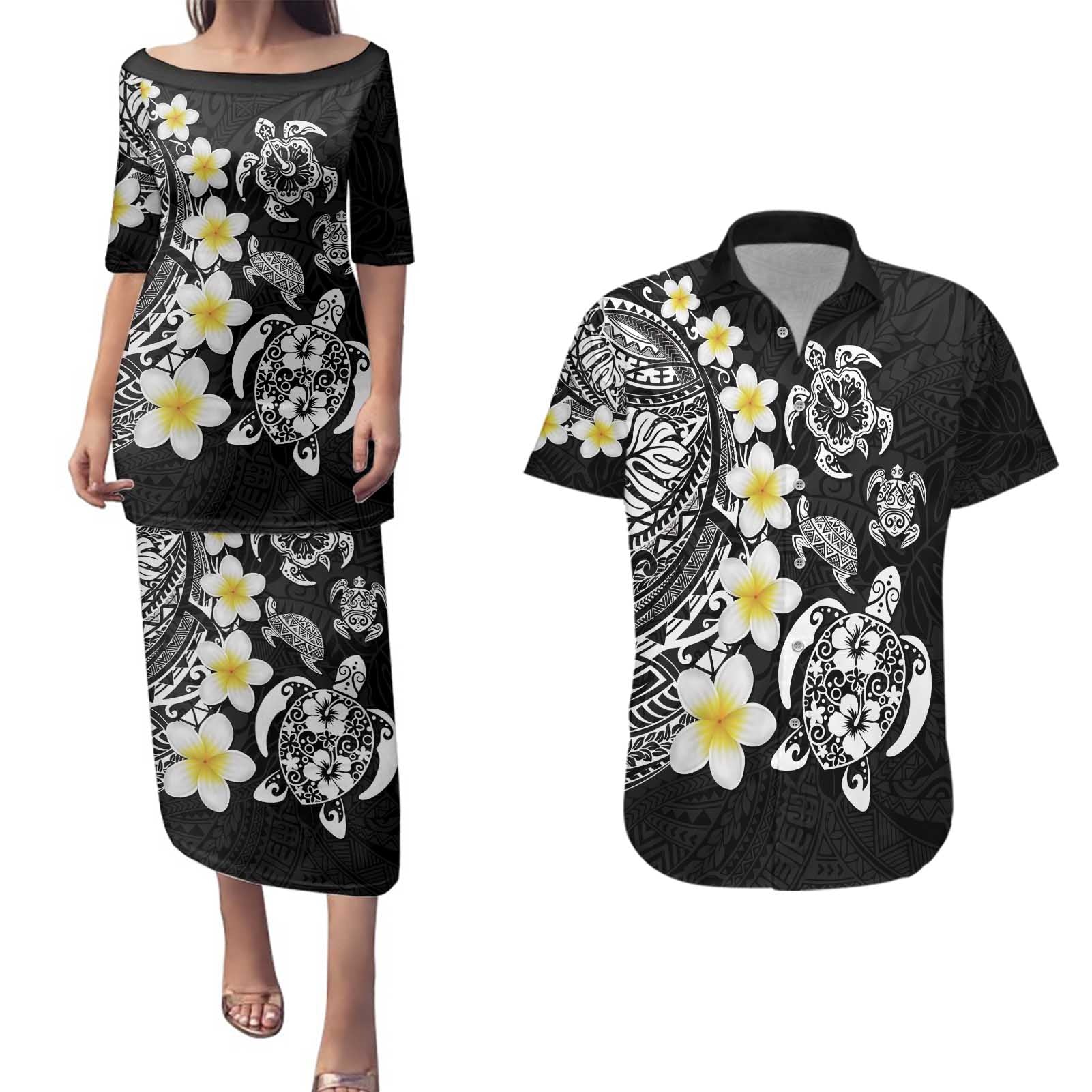 Hawaiian Plumeria Turtles Couples Matching Puletasi and Hawaiian Shirt Polynesian Art Tattoo