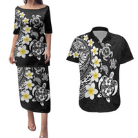 Hawaiian Plumeria Turtles Couples Matching Puletasi and Hawaiian Shirt Polynesian Art Tattoo