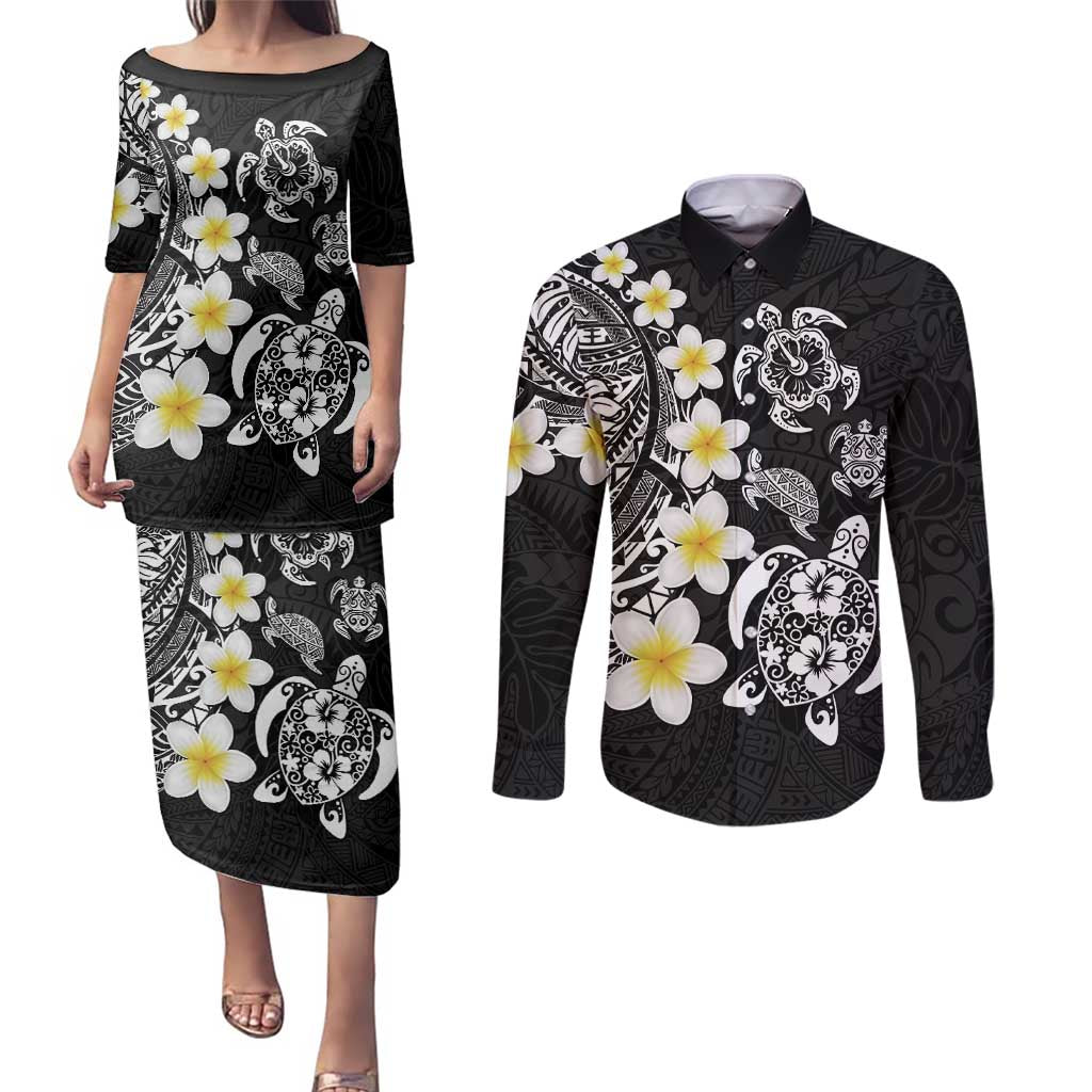 Hawaiian Plumeria Turtles Couples Matching Puletasi and Long Sleeve Button Shirt Polynesian Art Tattoo