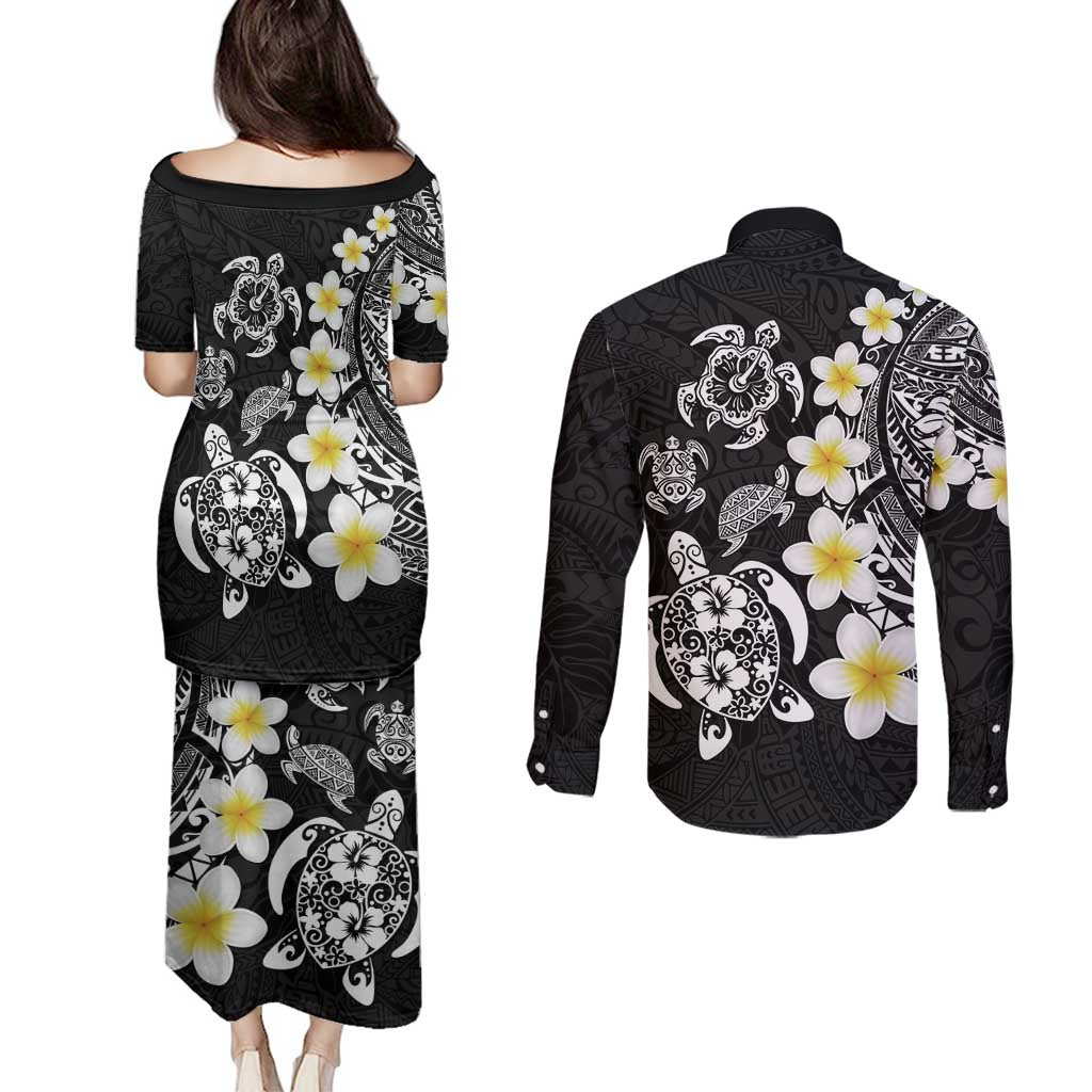 Hawaiian Plumeria Turtles Couples Matching Puletasi and Long Sleeve Button Shirt Polynesian Art Tattoo