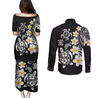 Hawaiian Plumeria Turtles Couples Matching Puletasi and Long Sleeve Button Shirt Polynesian Art Tattoo