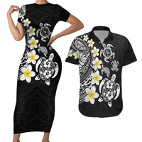 Hawaiian Plumeria Turtles Couples Matching Short Sleeve Bodycon Dress and Hawaiian Shirt Polynesian Art Tattoo