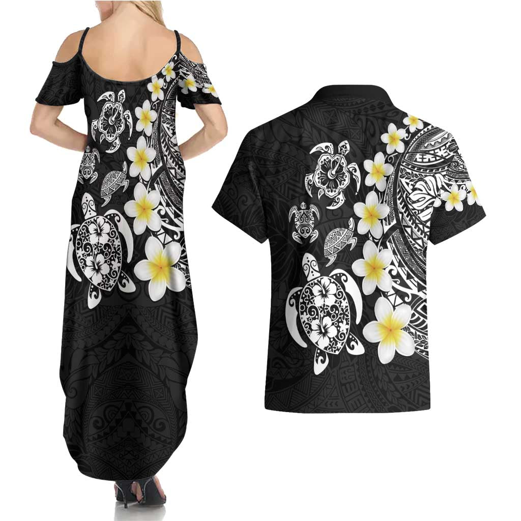 Hawaiian Plumeria Turtles Couples Matching Summer Maxi Dress and Hawaiian Shirt Polynesian Art Tattoo
