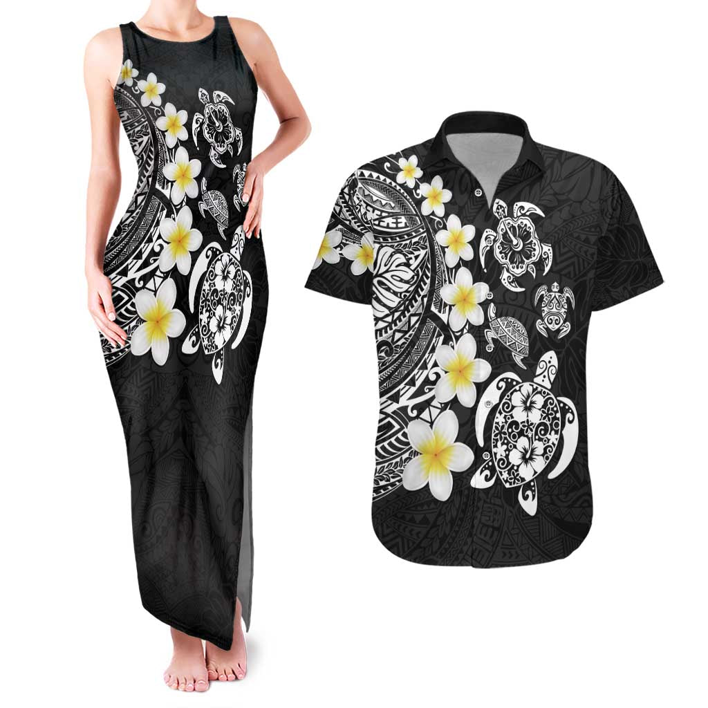 Hawaiian Plumeria Turtles Couples Matching Tank Maxi Dress and Hawaiian Shirt Polynesian Art Tattoo