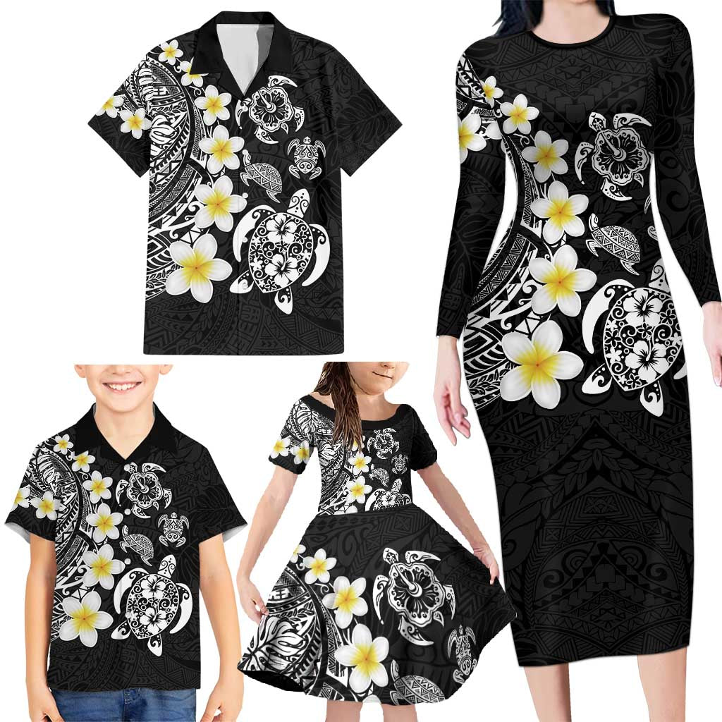 Hawaiian Plumeria Turtles Family Matching Long Sleeve Bodycon Dress and Hawaiian Shirt Polynesian Art Tattoo