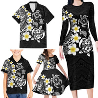 Hawaiian Plumeria Turtles Family Matching Long Sleeve Bodycon Dress and Hawaiian Shirt Polynesian Art Tattoo