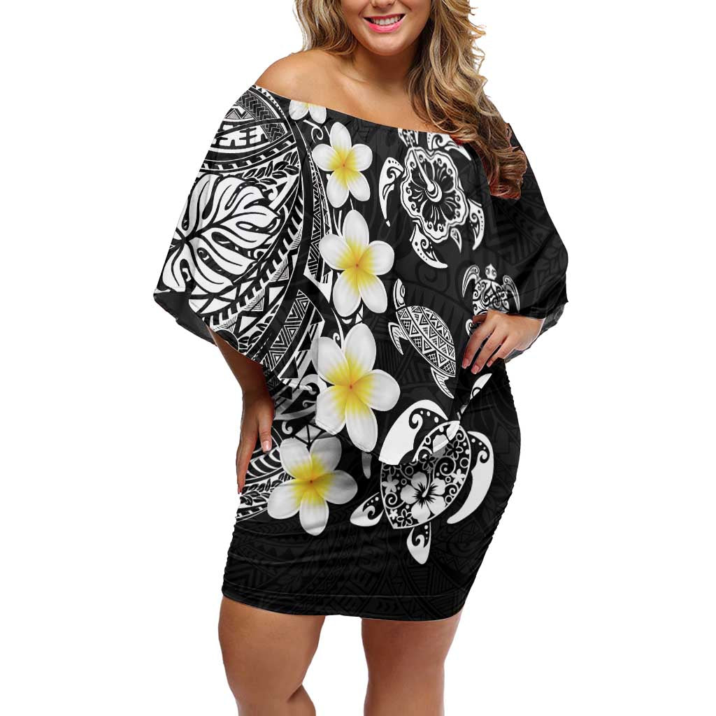 Hawaiian Plumeria Turtles Off Shoulder Short Dress Polynesian Art Tattoo