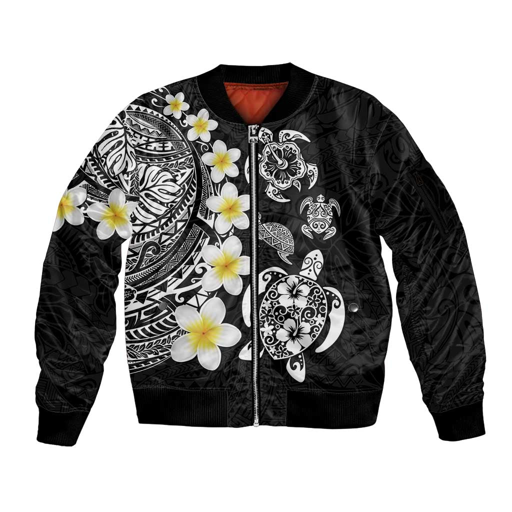 Hawaiian Plumeria Turtles Sleeve Zip Bomber Jacket Polynesian Art Tattoo