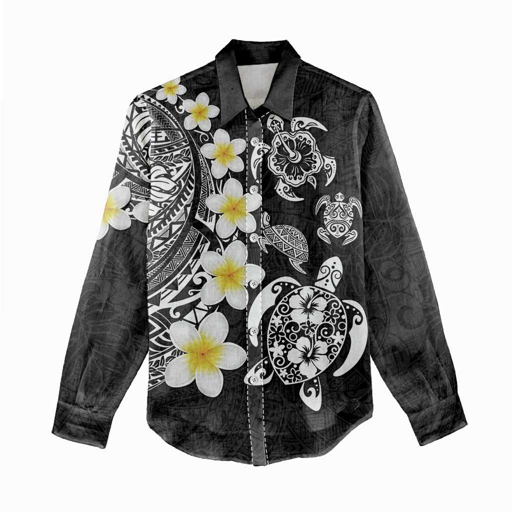 Hawaiian Plumeria Turtles Women Casual Shirt Polynesian Art Tattoo