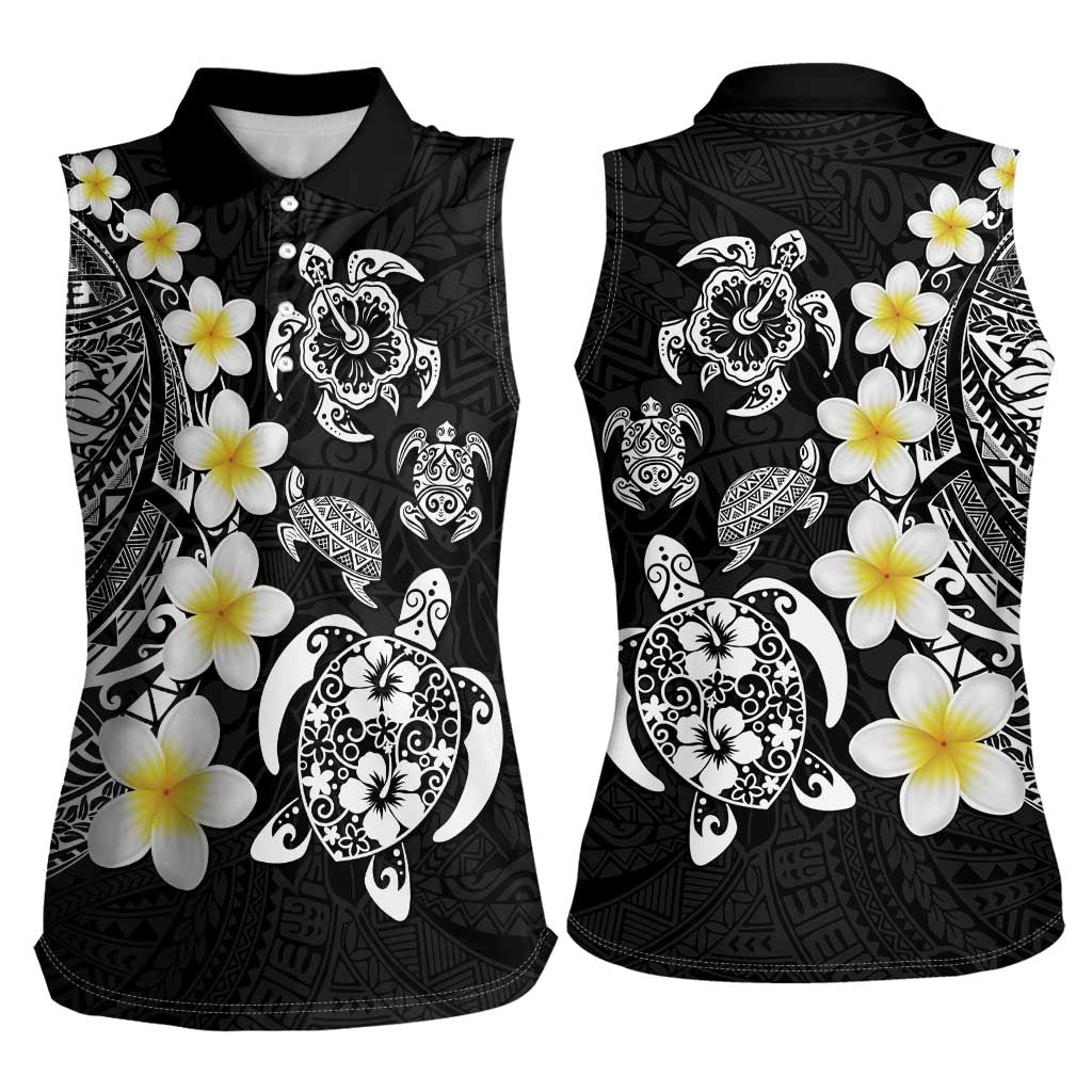 Hawaiian Plumeria Turtles Women Sleeveless Polo Shirt Polynesian Art Tattoo