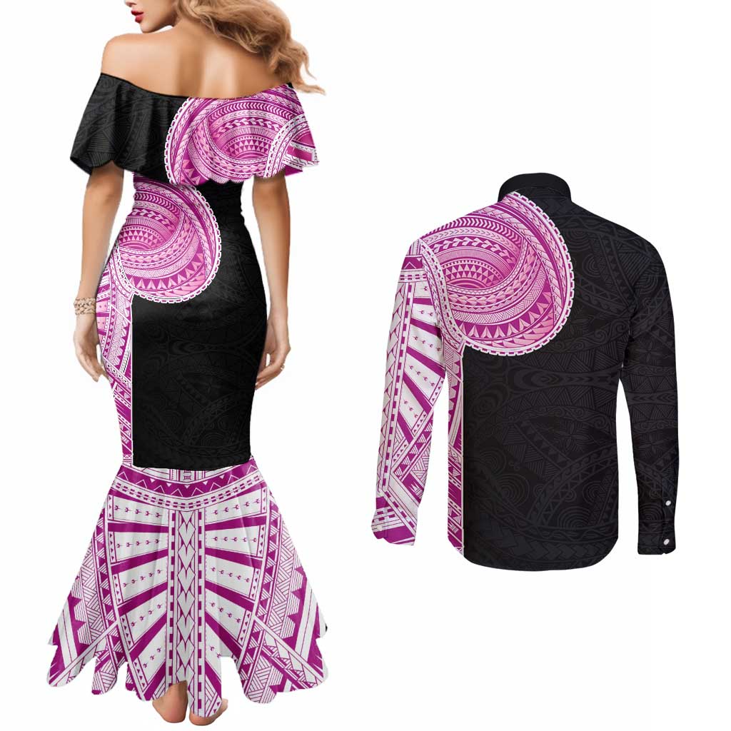 Samoan Art Tattoo Polynesian Pattern Couples Matching Mermaid Dress and Long Sleeve Button Shirt Pink Out Color