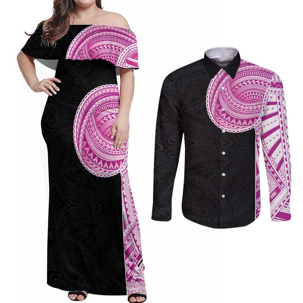 Samoan Art Tattoo Polynesian Pattern Couples Matching Off Shoulder Maxi Dress and Long Sleeve Button Shirt Pink Out Color