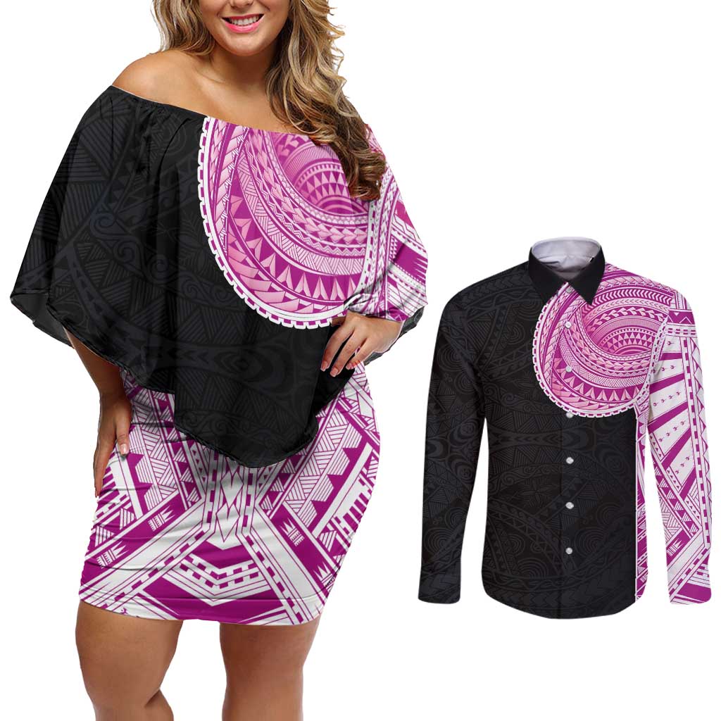 Samoan Art Tattoo Polynesian Pattern Couples Matching Off Shoulder Short Dress and Long Sleeve Button Shirt Pink Out Color