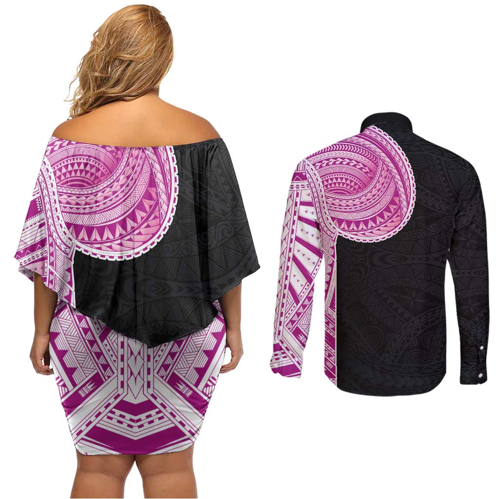 Samoan Art Tattoo Polynesian Pattern Couples Matching Off Shoulder Short Dress and Long Sleeve Button Shirt Pink Out Color