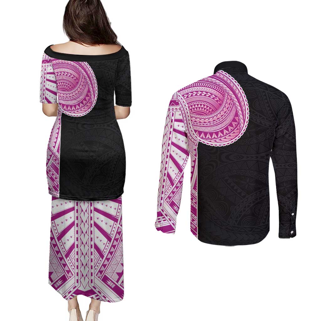 Samoan Art Tattoo Polynesian Pattern Couples Matching Puletasi and Long Sleeve Button Shirt Pink Out Color