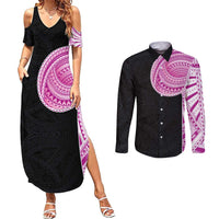 Samoan Art Tattoo Polynesian Pattern Couples Matching Summer Maxi Dress and Long Sleeve Button Shirt Pink Out Color