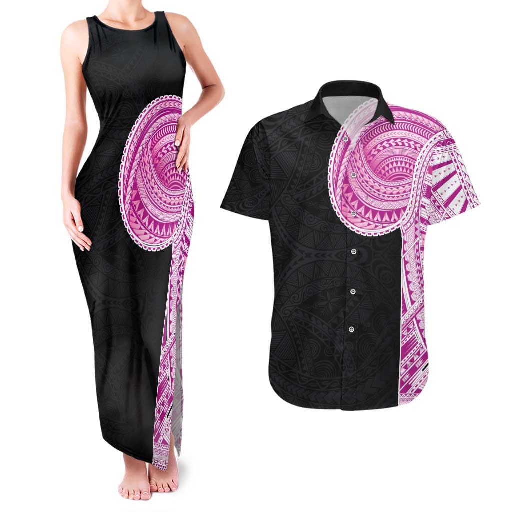 Samoan Art Tattoo Polynesian Pattern Couples Matching Tank Maxi Dress and Hawaiian Shirt Pink Out Color