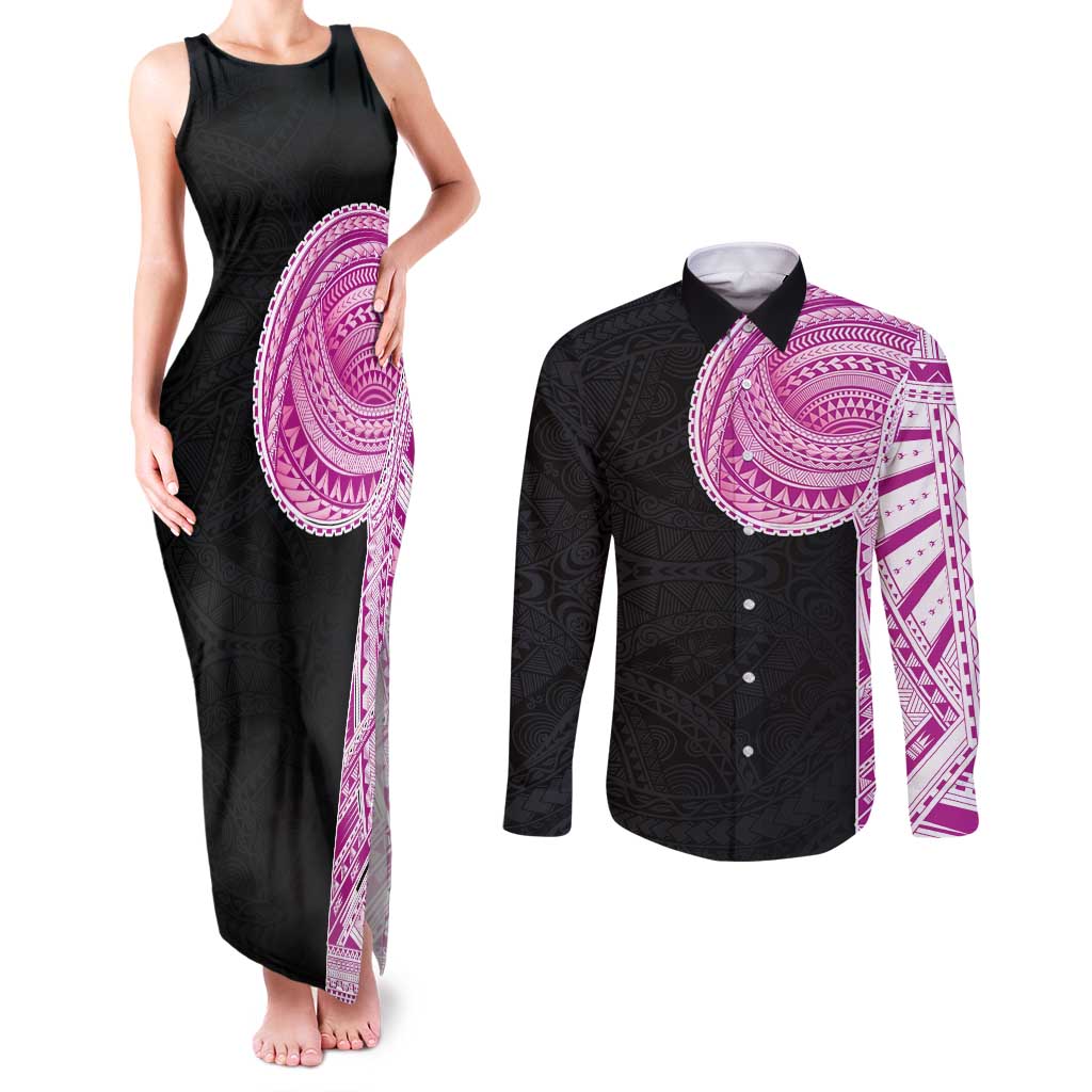 Samoan Art Tattoo Polynesian Pattern Couples Matching Tank Maxi Dress and Long Sleeve Button Shirt Pink Out Color