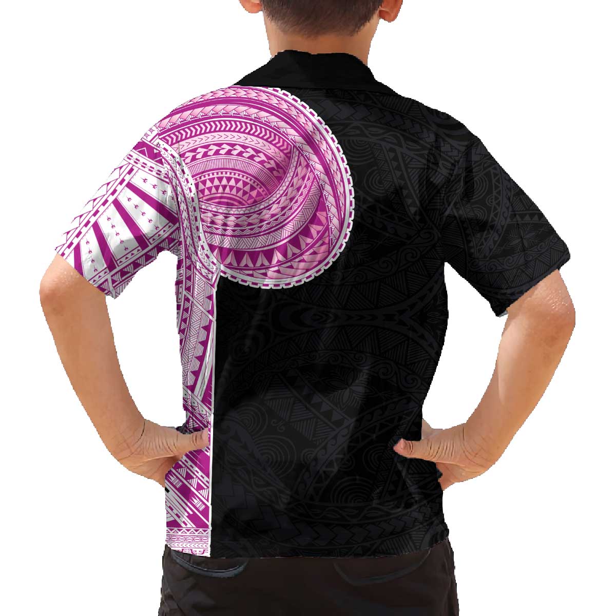 Samoan Art Tattoo Polynesian Pattern Family Matching Off The Shoulder Long Sleeve Dress and Hawaiian Shirt Pink Out Color