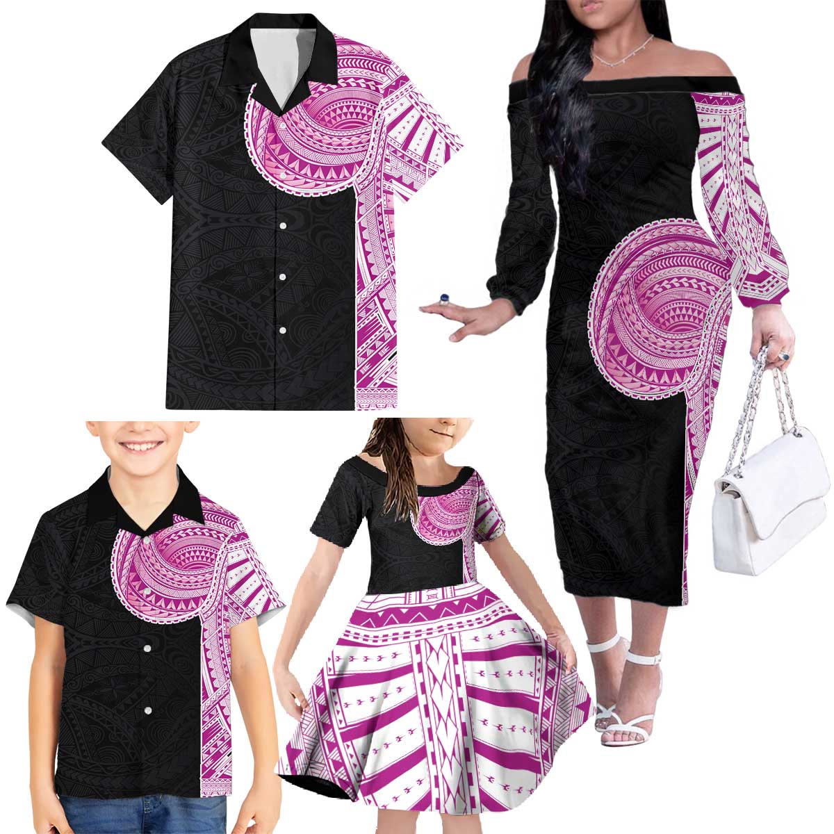 Samoan Art Tattoo Polynesian Pattern Family Matching Off The Shoulder Long Sleeve Dress and Hawaiian Shirt Pink Out Color