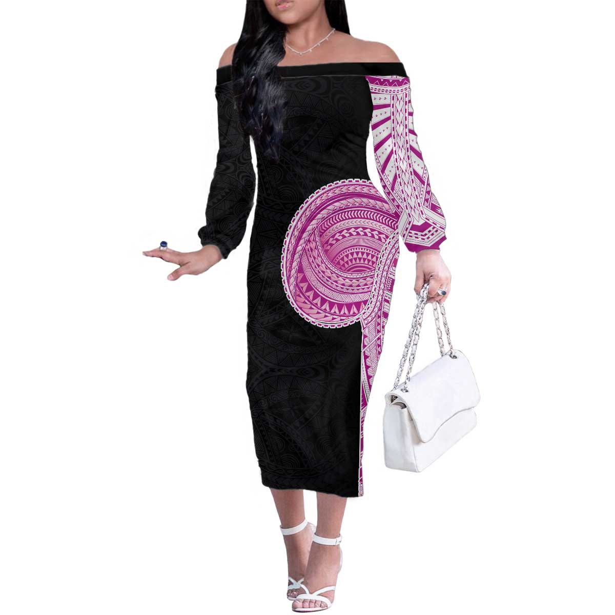 Samoan Art Tattoo Polynesian Pattern Family Matching Off The Shoulder Long Sleeve Dress and Hawaiian Shirt Pink Out Color