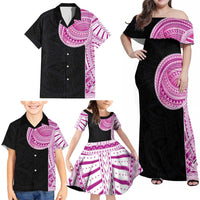 Samoan Art Tattoo Polynesian Pattern Family Matching Off Shoulder Maxi Dress and Hawaiian Shirt Pink Out Color