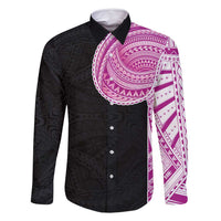Samoan Art Tattoo Polynesian Pattern Family Matching Off Shoulder Short Dress and Hawaiian Shirt Pink Out Color