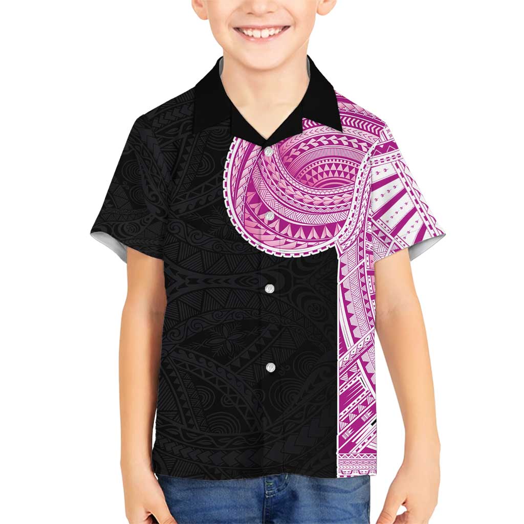 Samoan Art Tattoo Polynesian Pattern Family Matching Off Shoulder Short Dress and Hawaiian Shirt Pink Out Color